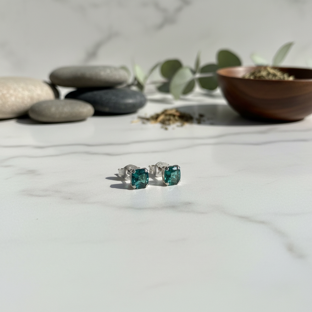 Emerald Cushion-Cut Stud Earrings - Marble