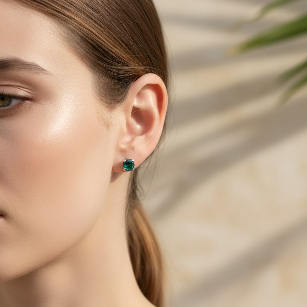 Emerald Cushion-Cut Stud Earrings - Small On Ear 1