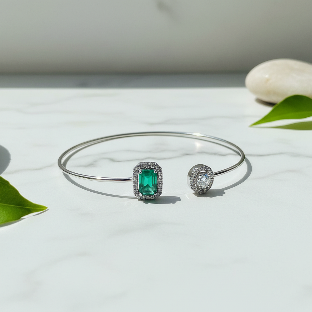 Emerald Silver Bangle - Marble