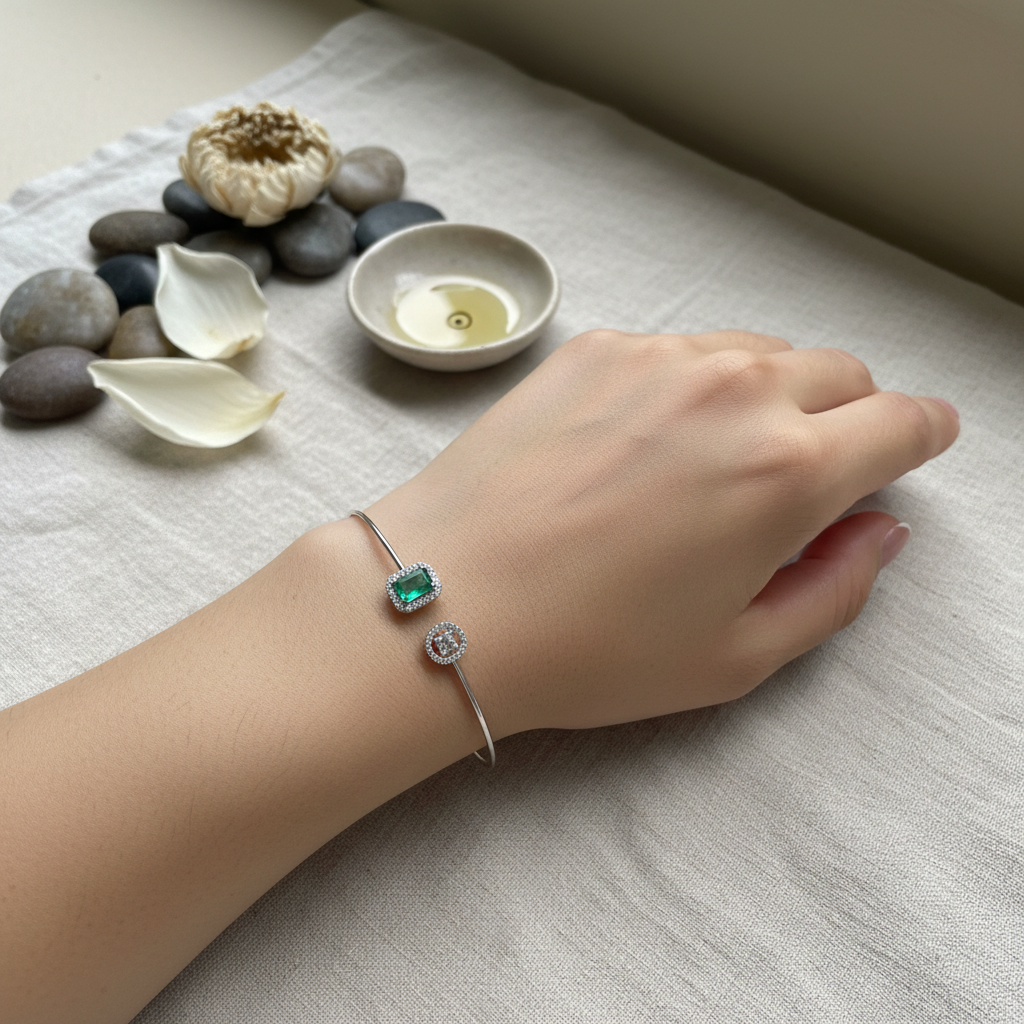 Emerald Silver Bangle - Wrist Shot 1