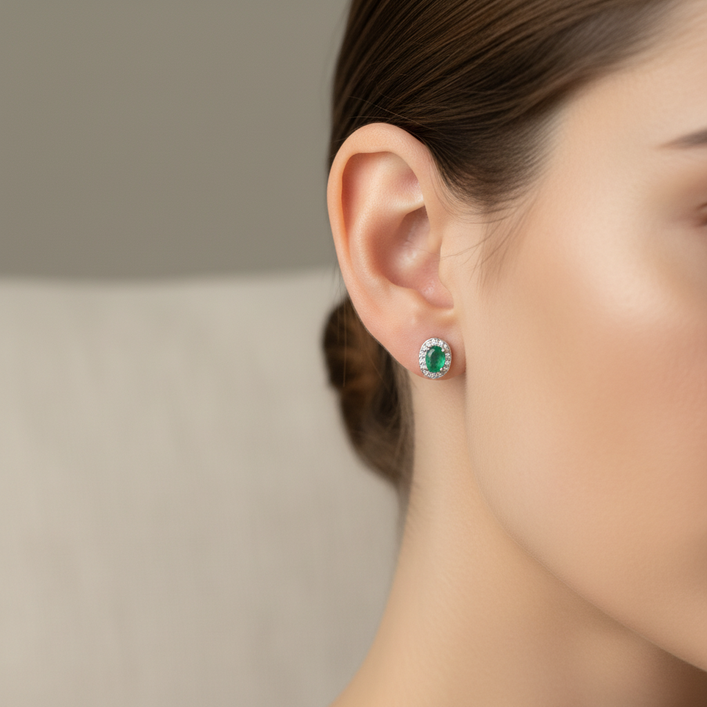 Oval-Cut Emerald Halo Stud Earrings - Micro On Ear 1