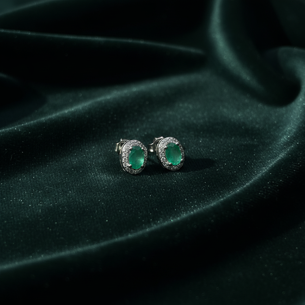 Oval-Cut Emerald Halo Stud Earrings - Velvet