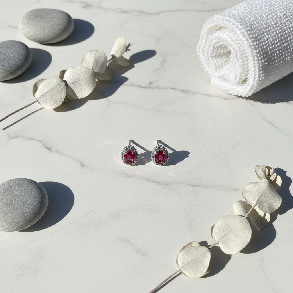 Oval-Cut Ruby Halo Stud Earrings - Aerial