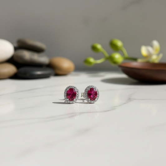 Oval-Cut Ruby Halo Stud Earrings - Marble