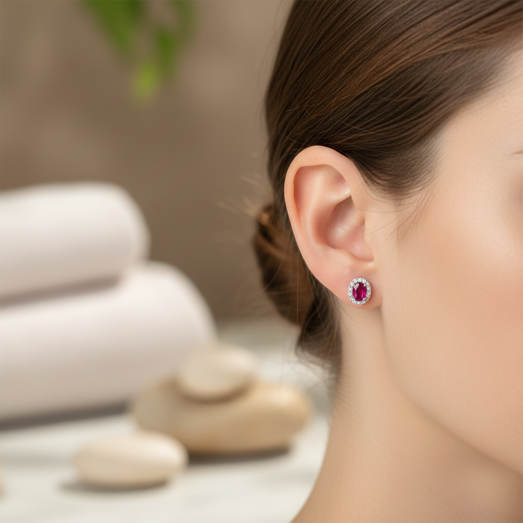Oval-Cut Ruby Halo Stud Earrings - Small On Ear 1