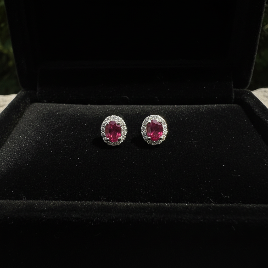 Oval-Cut Ruby Halo Stud Earrings - Velvet