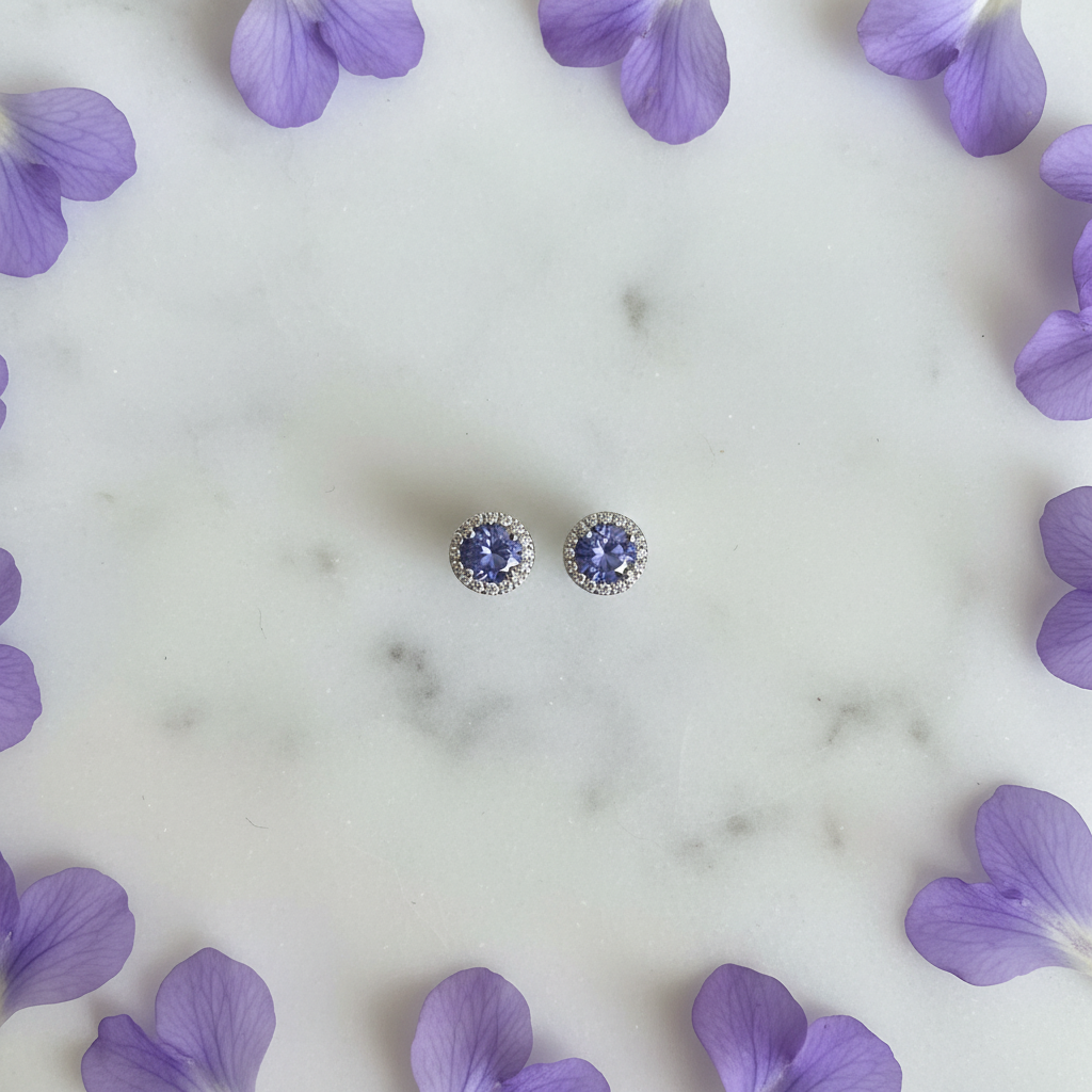 Round Brilliant-Cut Tanzanite Earrings - Aerial Petals