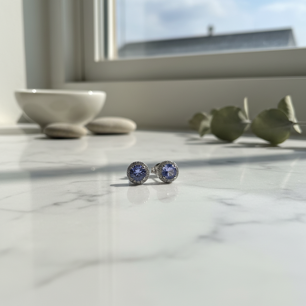 Round Brilliant-Cut Tanzanite Earrings - Marble