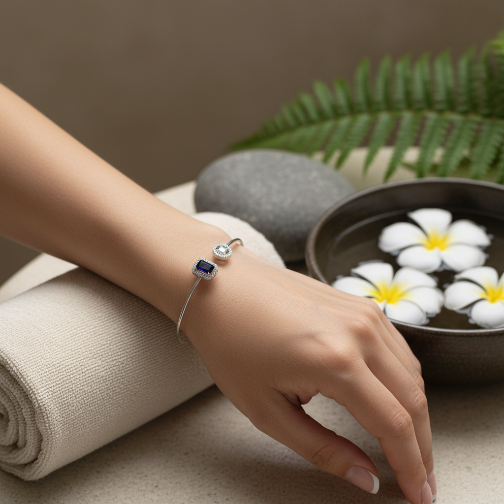 Sapphire Silver Bangle on Wrist - Studio